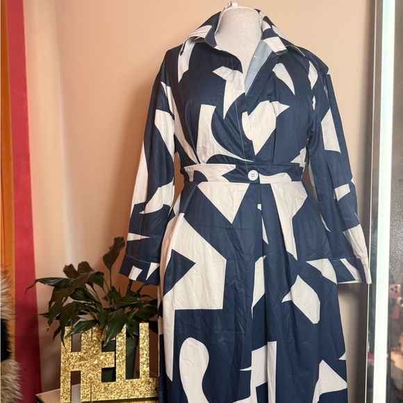 Dresses & Skirts - Navy and White Full Length Abstract Print Dress